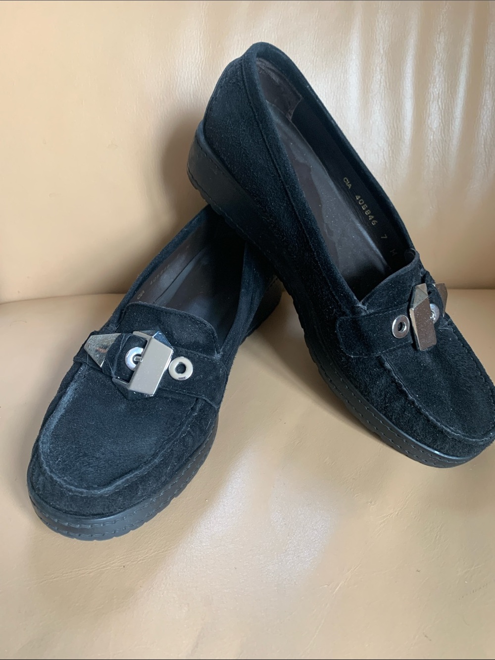 Stuart Weitzman Black Suede Women's Loafers with Silver Accent